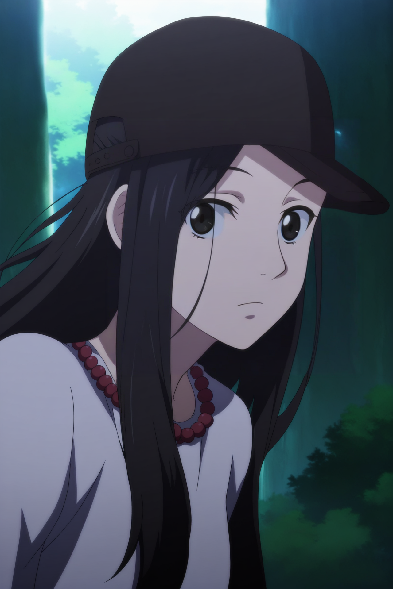 anime screencap,anime coloring,detailed face,masterpiece,best quality,very aesthetic,absurdres,volumetric lighting,official style,amazing quality,ultra detailed,highres,scenery,beautiful detailed hair,beautiful detailed eyes,official anime artwork,<lora:Feng BaoBao S3-IL V1:1>,Feng BaoBao,solo,1girl,black hair,long hair,black eyes,Feng BaoBao Outfit,Red Buddha bead necklace,Pure white T-shirt,
outdoors,day,black baseball cap,looking at viewer,upper body,Q-version design,black dot eyes,