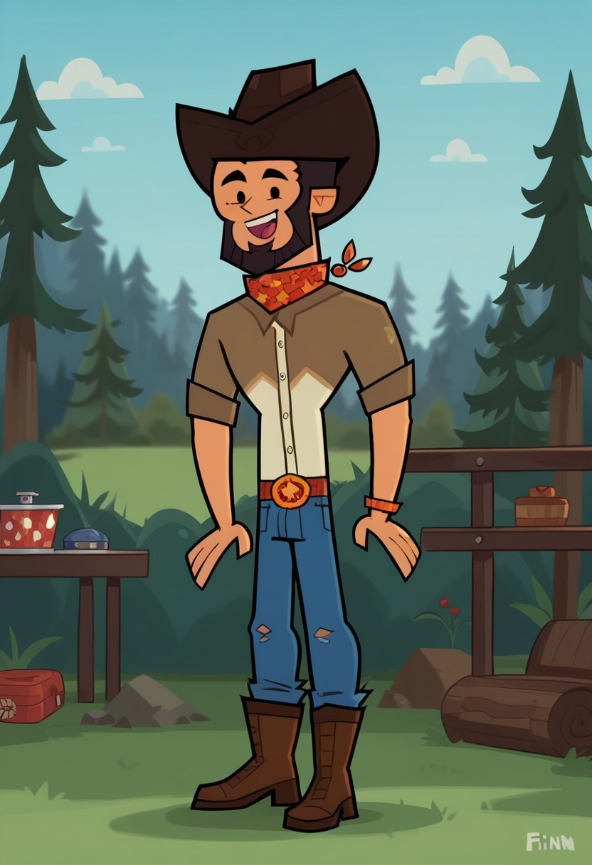 score_9, score_8_up, score_7_up, score_6_up, Homestuck^2_style, flat color, FINN AGUDELO, 1boy, solo, nice skin, black hair, Black eyes, cowboy hat, Black beard, cowboy costube, boots, bluejeans, happy, outdoor, camp,