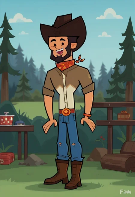 score_9, score_8_up, score_7_up, score_6_up, Homestuck^2_style, flat color, FINN AGUDELO, 1boy, solo, nice skin, black hair, Black eyes, cowboy hat, Black beard, cowboy costube, boots, bluejeans, happy, outdoor, camp,