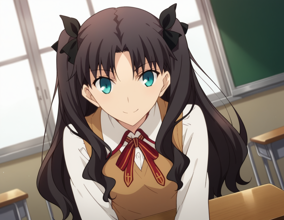 score_9, score_8_up, score_7_up, source_anime,
rintohsaka, <lora:rin-tohsaka-ubw-ponyxl-lora-nochekaiser:1>,
rin tohsaka, aqua eyes, black hair, hair ribbon, long hair, ribbon, sidelocks, two side up, parted bangs,
brown sweater vest, collared shirt, homurahara academy school uniform, neck ribbon, red ribbon, ribbon, school uniform, shirt, sweater vest, white shirt,
indoors, classroom, smile, bent over,
looking at viewer, dutch angle, cowboy shot,