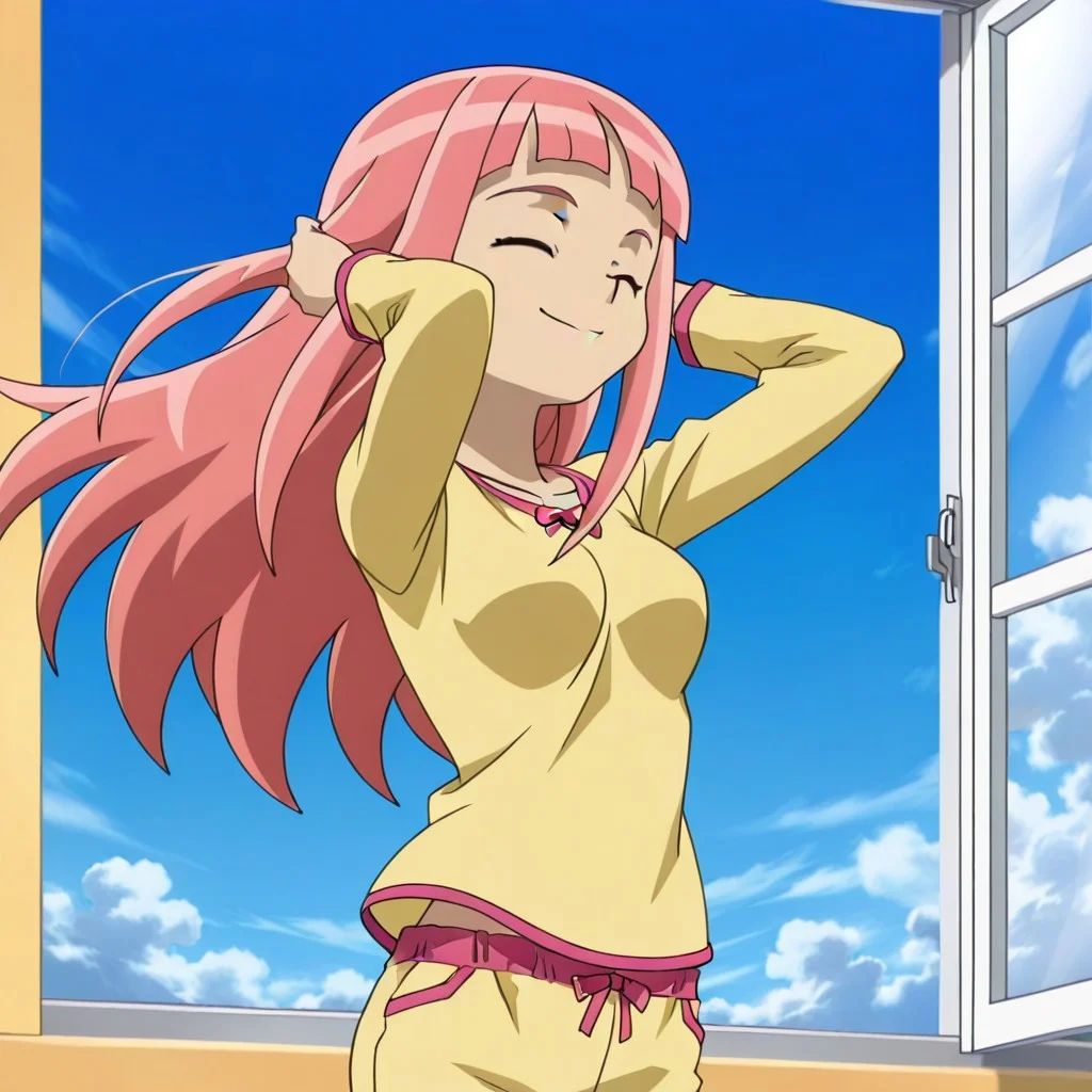 (((best quality))), (((masterpiece))), absurdres, official style, source_anime, 1girl, solo, zoe \(dinosaur king\), pink hair, long hair, hair down, bangs, closed eyes, yellow pajamas, open window, smile, wind lift, lifting hair
