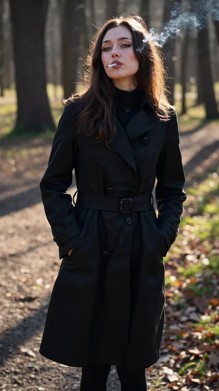 sony_a7III professional style photo, Young woman, full body shot, early 20s, casual style, wearing dark trench coat, long wavy brown hair cascading over her shoulders, looking direct at the viewer, gothic heavy makeup, outdoors in the dark forest, autumn, lit cigarette between her lips, smore comes from cigarette, sunlight filtering through the trees, pvc black leggings, ballet flat shoes, both hands in pockets