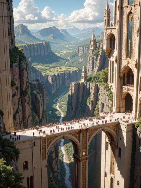 symmetrical architecture, photorealistic, realistic painting, late medieval high fantasy setting, epic and highly aesthetic, refined details, intricate decorations, muted colors, 8k, 16k, birds eye view, dappled sunlight, a sweeping view of a wondrous fantasy city carved into opposing towering cliffsides in a lush valley of a fantastical world, the cities architecture is grandiose and ornate, blending gothic and fantasy elements into an awe-inspiring tableau, the focus is a massive stone bridge stretching majestically across a deep chasm on towering symmetrical arches, it is connecting the left and right cliff of the valley, each cliff featuring elaborate, carved entrances framed by intricate stonework, the surface of the bridge is adorned with spires and elaborate carvings, the tall symmetrical arches beneath it reveal glimpses of a lush landscape of forests, rolling hills, and vibrant fields below and in the distance. a lively and diverse crowd of elegant elves, sturdy dwarves and humans crosses the bridge and travels underneath, some engage in animated conversations, others walk in quiet contemplation, and a few children scamper playfully near their guardians, the scene exudes life and movement, with each figure contributing to the richness of the narrative. the background showcases a verdant forest stretching across the horizon, its lush greenery adding softness to the otherwise imposing gothic architecture, sunlight filters dramatically through the clouds above, casting long, dynamic shadows across the bridge and cliffs, the interplay of light and shadow highlights the intricacies of the stonework and the finely detailed fabric of the travelers' garments, the golden-hour glow contrasts with the cool, shaded areas of the bridge and chasm, creating a harmonious balance of warmth and depth. the composition is meticulously detailed, emphasizing the tactile realism of the intricately carved stone bridge and the delicate folds of the travelersâ clothing, the high vantage point captures the immense scale and grandeur of the scene, immersing the viewer in the overwhelming beauty and complexity of this fantastical world, distant elements are painted with a softer focus, drawing the eye toward the richly detailed foreground and the majestic bridge at the heart of the image. this cinematic scene, bathed in golden light, merges fantasy splendor with dramatic scale, the transitions between light and shadow evoke a sense of depth and mystery, while the masterful attention to detail celebrates the harmonious blend of architectural marvels, natural beauty, and the vibrant energy of a diverse, living world, a harmonious color palette of beige, deep greens, and blue, in the style of ck-ovf, <lora:ultima-flux-by_sterlingangel:0.44> <lora:epic_gorgeous_details-balance-flux-by_flyway:0.68> <lora:style-oneviolentfantasy-ep21-flux-by_chronoknight:0.48>