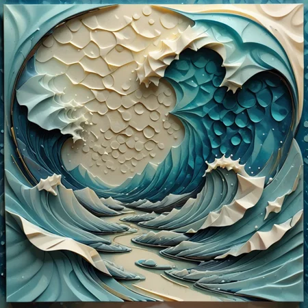 geometric model print, retro futurism, polygons, alcohol ink, corduroy, photorealism style, Engraved, shades of blue, wave pattern, dot art effect, muted tones accents, balanced, frosted texture, tarnished finish <lora:artfully_ETHEREAL-GEOMETRIC-FLORAL-FUSION:1>,