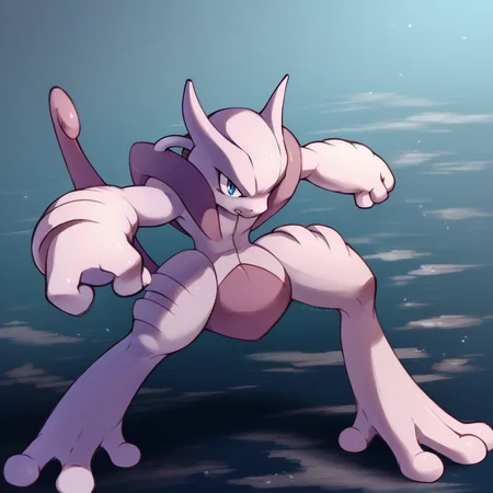 Score_7_up, score_8_up, full body, solo, pokemon (creature), MMewtwoX, blue eyes, battle stance, clenched hands, from above , high angle,