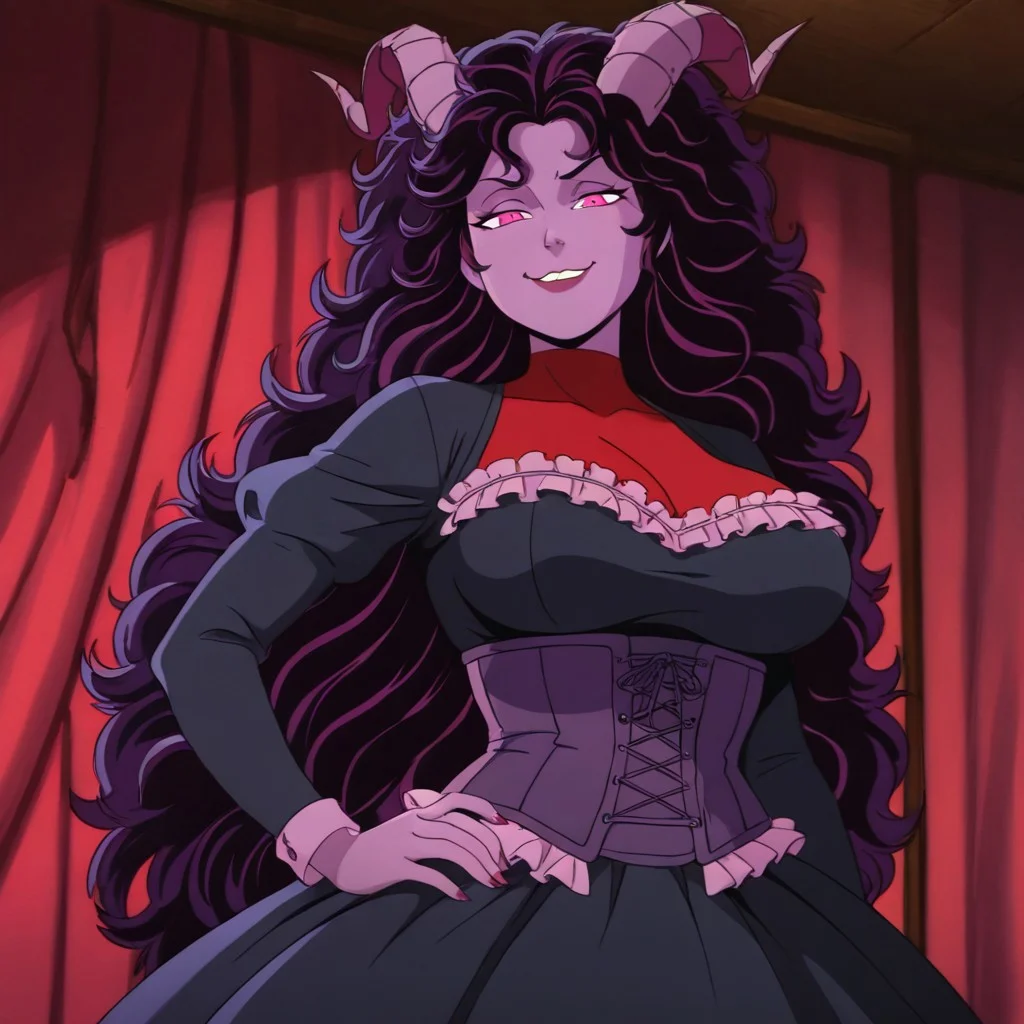 masterpiece, best quality, newest, absurdres, highres,
X-1990STV1.0,
1girl, demon girl, Purple skin, Purple colored skin, colored skin, curly hair, corset, red coreset, frills, frilled dress, black dress, pink eyes, black hair, smug, smile, horns, demon horns, mature, mature female,