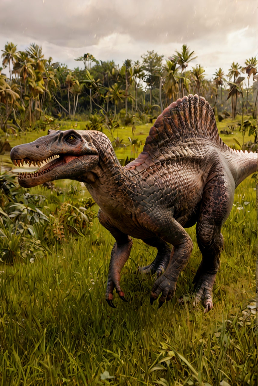 source_furry, score_9, score_8_up, score_7_up, (spinosaurus_jwe, dinosaur, feral), scalie, black scales, detailed scales, snout, broad snout, elongated snout, yellow eyes, slit pupils, detailed eyes, teeth, sharp teeth, back sail, claws, digitigrade legs, tail, <lora:Spinosaurus_JWE2:0.8>, outdoors, jungle, sky, clouds, standing, side view, look at viewer, looking angry, zPDXL2, zPDXLpg, zPDXLrl, best quality, highly detailed, extreme details, masterpiece, photorealistic, hyperrealistic, ultra realistic, hdr, 4k, uhd, ray tracing, shaded