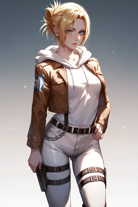 score_9, score_8_up, score_7_up, BREAK source_anime, <lora:annie leonhardt-PonyXL-lora-Faxtron:0.8> annie leonhardt, single hair bun, white hoodie, hood, thigh strap, open cropped brown jacket, white pants, survey corps \(emblem\), boots,