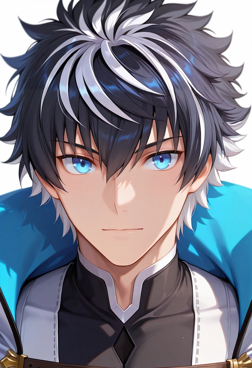 masterpiece, best quality, , semi-realistic, , 1boy, solo, male focus, <lora:charlemagne_fate_ilxl:0.92>, charlemagne_fate, black hair, blue eyes, multicolored hair, white hair, two-tone hair, short hair, hair between eyes, bangs, streaked hair, , ,