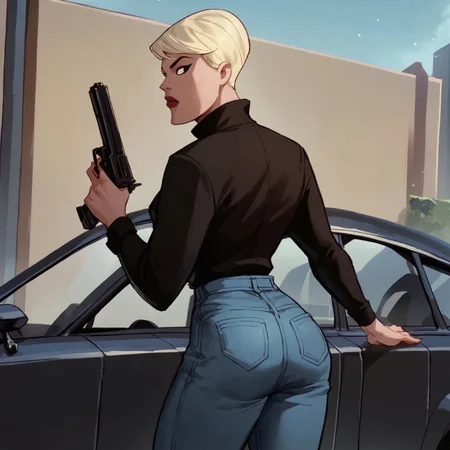 score_9, score_8_up, score_7_up, 1girl, solo, lipstick, blonde hair, short hair, black eyes, black shirt, jeans, perfect round ass, turtleneck, Maggie Sawyer (dc), standing looking back at viewer, leaning on car, holding gun