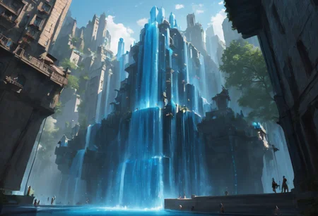 a floating castle in the air, a waterfall flows from the castle to the ground, sharp faceted blue crystals decorate the castle, looking up from the ground view