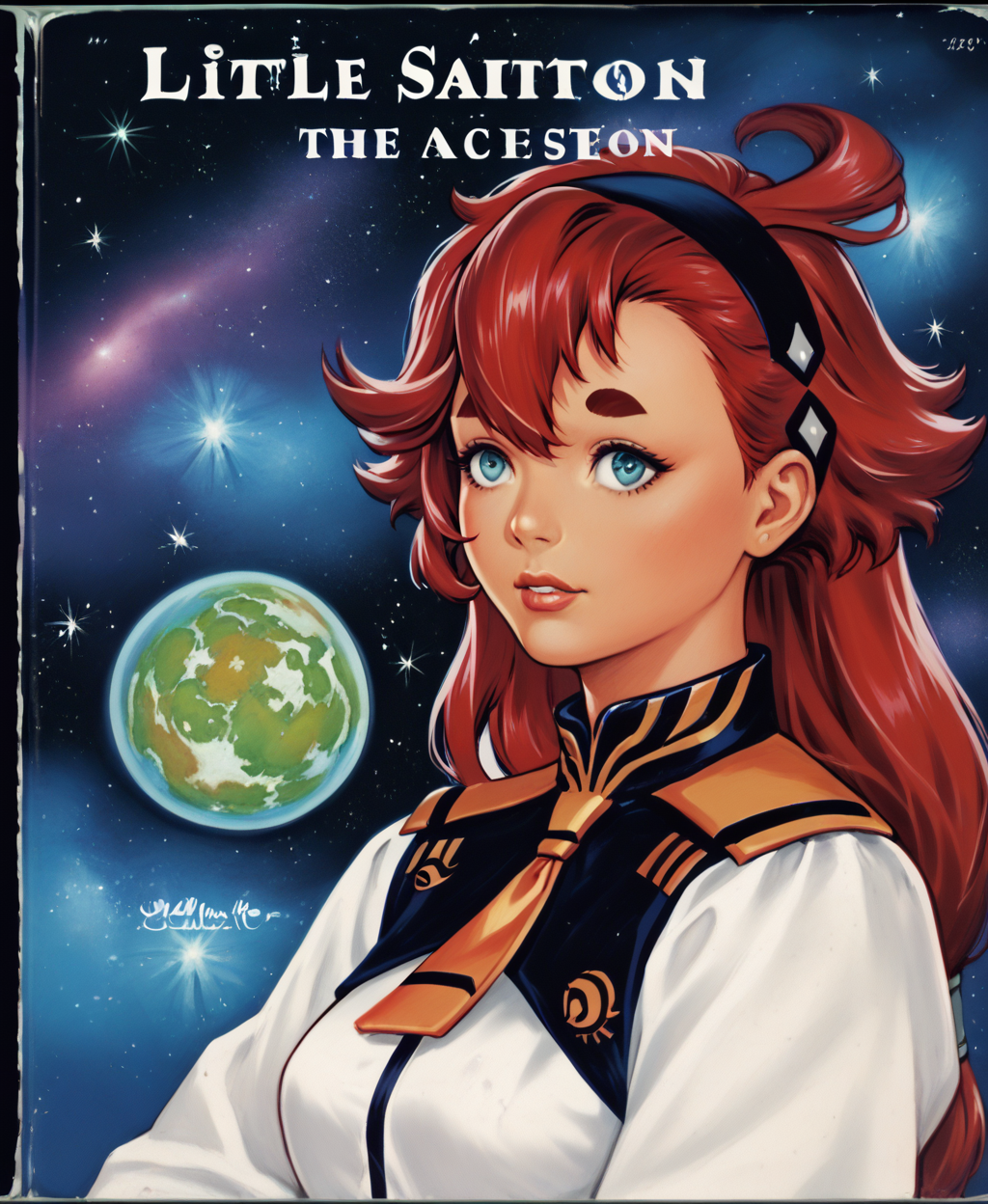 zPDXL3, g0ld3n, <lora:LGB_style_2:1> traditional media, cover,  <lora:sulleta-mercury-ponyxl-lora-nochekaiser:1>1girl, sulleta mercury, red hair, hairband, long hair, thick eyebrows, blue eyes, black hairband, ahoge, breasts,  lips, (space station:1.2), space, asticassia school uniform