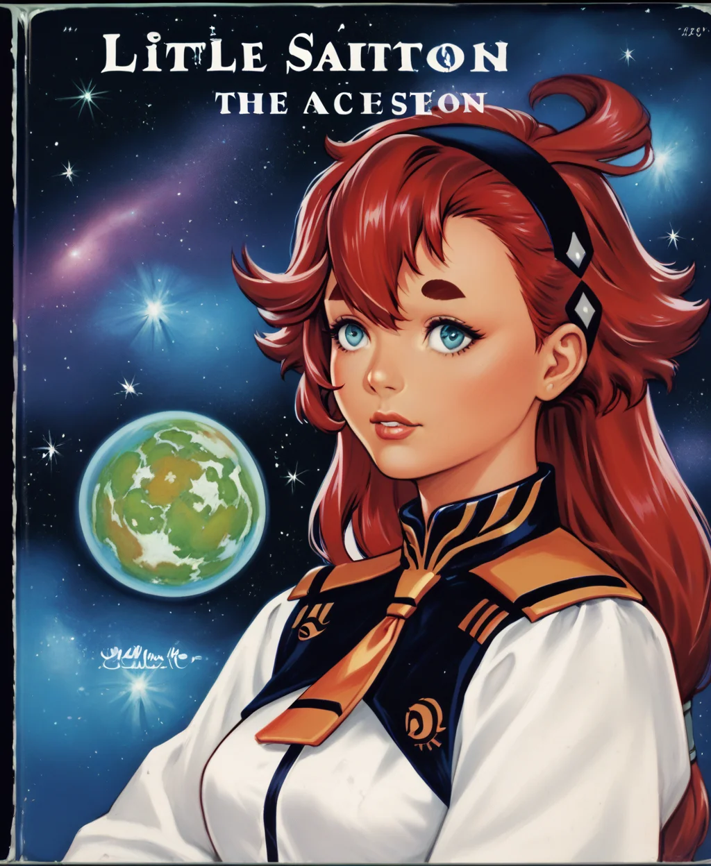 zPDXL3, g0ld3n, <lora:LGB_style_2:1> traditional media, cover,  <lora:sulleta-mercury-ponyxl-lora-nochekaiser:1>1girl, sulleta mercury, red hair, hairband, long hair, thick eyebrows, blue eyes, black hairband, ahoge, breasts,  lips, (space station:1.2), space, asticassia school uniform