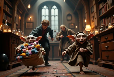 aidmaMJ6.1, aidmaimageupgrader, A magical scene inspired by the Harry Potter world: Dobby, the house-elf, is mischievously stealing socks from a drawer. The moment captures Dobby mid-run, clutching a bag overflowing with colorful socks, with a wide, mischievous grin on his face. Harry Potter is in motion, chasing after Dobby through a cozy wizarding room filled with magical details like floating candles, spellbooks, and enchanted objects. The scene is dynamic and humorous, showcasing Dobby's playful expression and Harry's determined yet exasperated look. The lighting is warm and whimsical, reflecting the magical atmosphere of the wizarding world.