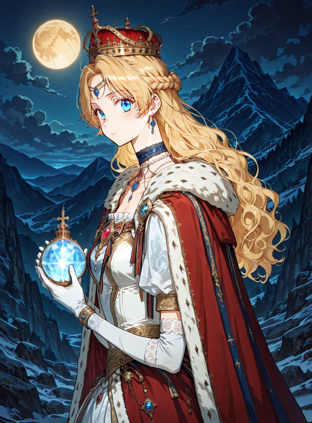<lora:Athanasia_r1:1>
1 girl, solo, princess, blue eyes, blonde hair, long hair, wavy hair, french braid, bangs, parted bangs
white dress, necklace, collarbone, earrings, choker, gem, jewelry, red cape, crown, bracelete, pearl necklace, white gloves, elbow gloves,
score_9, score_8_up, score_7_up, source anime, BREAK, cowboy shot, (from side), looking back, looking at viewer, overlooking mountain, high altitude, scenery, exterior, background, (solo), perfect hands , night, golden moon, <lora:iLLMythG0thicL1nes:1>