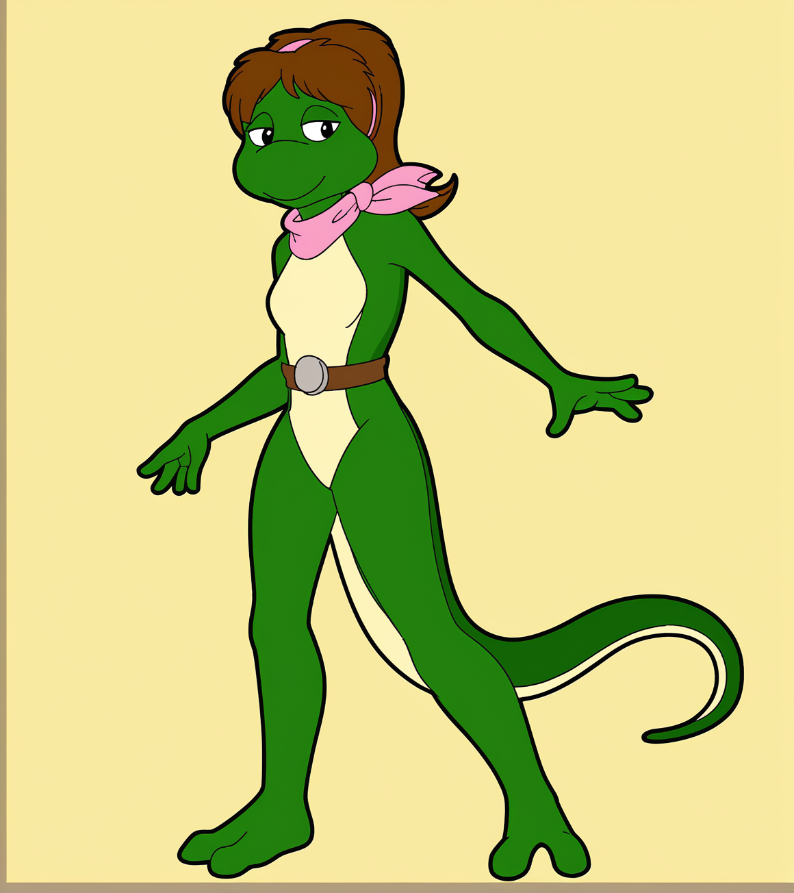 monalisatmnt, 1girl, green skin, brown belt, pink scarf, tail, pink hairband, full body, small breasts, yellow background, <lora:Mona_Lisa_TMNT_1987:1>