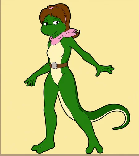 monalisatmnt, 1girl, green skin, brown belt, pink scarf, tail, pink hairband, full body, small breasts, yellow background, <lora:Mona_Lisa_TMNT_1987:1>