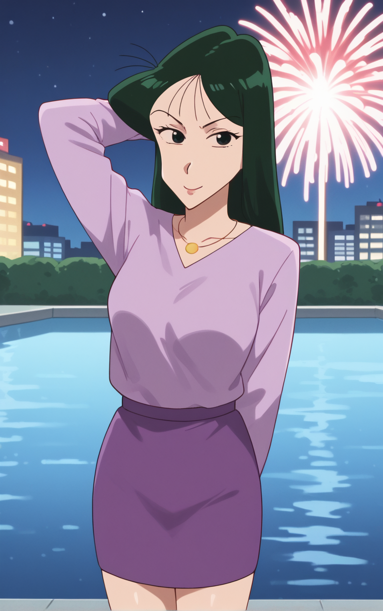 score_9, score_8_up, score_7_up, looking at viewer,  BREAK
Jacket_UmeMatsuzaka_ownwaifu,  
1girl, green hair, straight hair, long hair, jewelry, necklace, black eyes, bangs, 
long sleeves, skirt, shirt, purple shirt, collared shirt, sweater, turtleneck, dress, purple dress, purple skirt, 
retro artstyle, style parody, 
(contrapposto, arms behind head, aerial fireworks), wading, neon_lights, cityscape, night, pool, full moon, outdoors, <lora:PONYXL_ShinChan_UmeMatsuzaka_ownwaifu:0.9> , depth of field, solo,