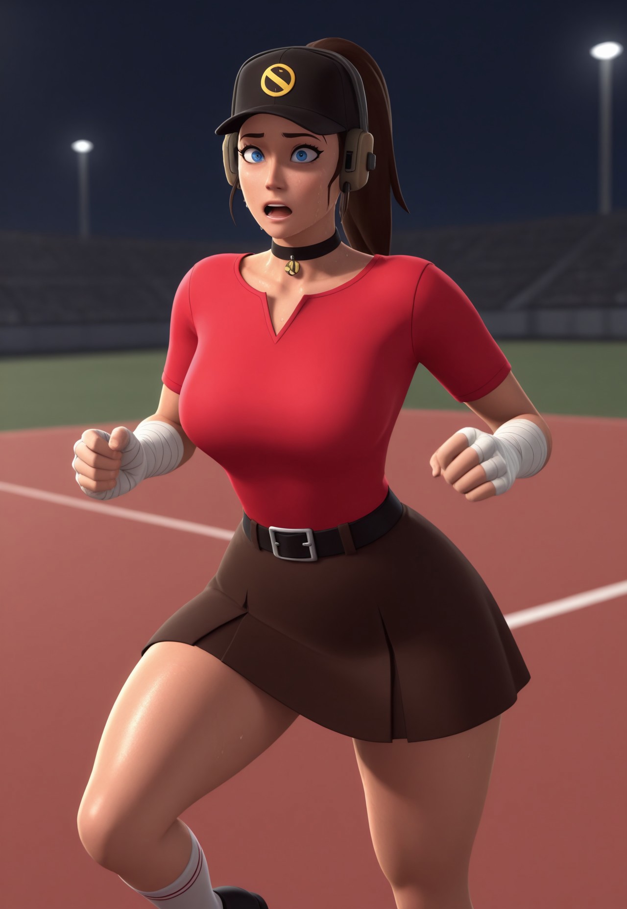 score_9, score_8_up, score_7_up, score_6_up,high quality,masterpiece,uhd,dramatic effect, art,((digital art)), 3D, b8m8 style, masterpiece, best quality, beautiful face, beautiful eyes, detailed eyes, detailed face, very aesthetic, absurdres, perfect lighting, 1 girl, femscout_(team_fortress_2), source_engine_graphics, brown hair, blue eyes, ponytail, hat, headphone piece, ribbon, (kneesocks), handwraps, soccer shoes, medium breasts, (white legwear), (sweating), black footwear, (cinematic shot), (cinematic angle), (brown skirt), (red shirt), (sexy expression), (confident), (thick thighs), (baseball field), (playful pose), (choker), 