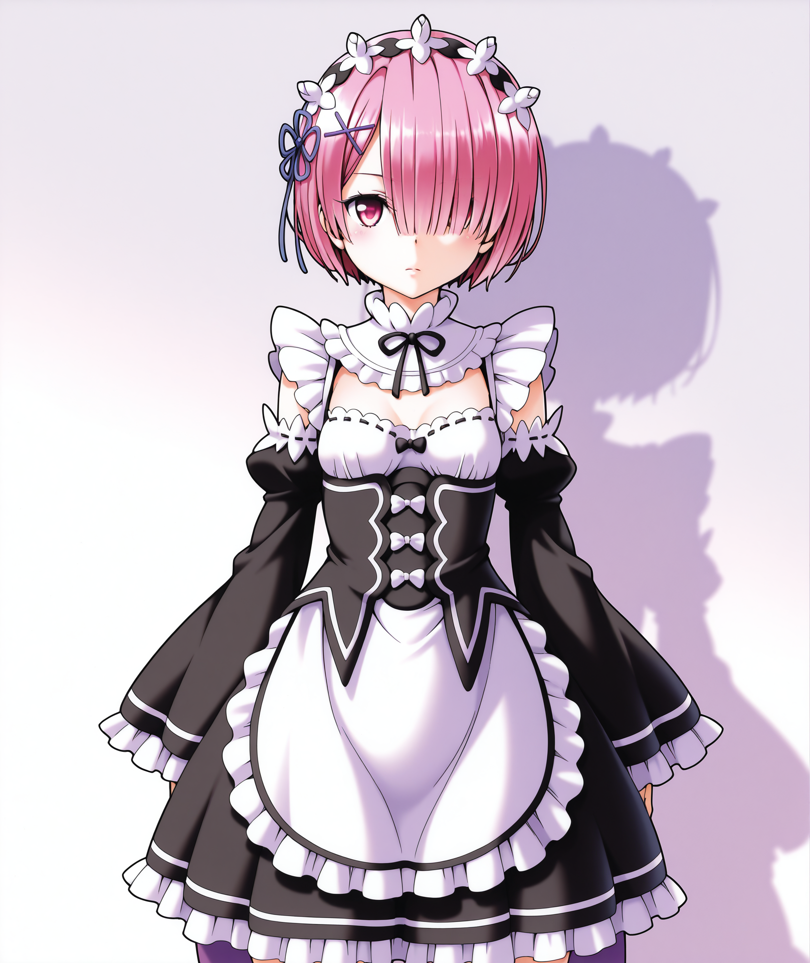 highres, hi res, best quality, masterpiece, 2d, intricate details, 4k, anime coloring, uncensored, shaded, shadow, countershading,
1girl, solo, female, eyelashes, nose, black ribbon, pink eyes, pink hair, hair ornament, hair over one eye, hair ribbon, maid headdress, blue ribbon, ribbon, short hair, x hair ornament, ram \(re:zero\),
maid headdress, maid, maid apron, long sleeves, frilled skirt, frills, frilled dress, frilled sleeves, maid dress, small breasts, flat chest, 
cowboy shot, standing, facing viewer, looking at viewer, arms at sides,
depth of field, white background, gradient background, <lora:To_LOVE_Ru_ILXL:1>, to love-ru,