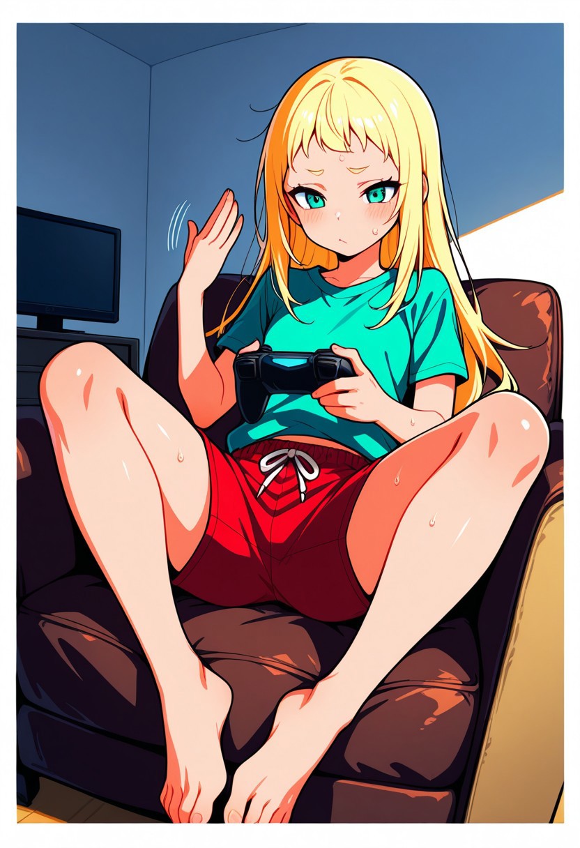 Score 9, Score 8, Score 7, Masterpiece, High Quality, Good Quality, Latest Model, High Resolution, Absurd, ((White Border)), Cinematic Lighting, High Contrast (Edge Light: 0.6), Dynamic Vision, <lora:illustriousXL_stabilizer_v1.23:0.3> <lora:NOOB_vp1_detailer_by_volnovik_v1:0.3> <lora:ponyv6_noobE11_2_adamW-000017:0.45> <lora:checkpoint-e18_s306:1.5> <lora:haiz_ai_illu:0.7>, Vibrant Colors, Bright Color, Dynamic Colors, Colorful Image, High Contrast, Saturated Colors, Thick Line, Bright Colors, Good Lighting, Color Saturation, Masterpiece, Best Quality, source_hentai, 
Medium close-up,solo,1girl,
1 girl, long hair, light yellow hair, short bangs, medium chest, thick hips, straight hair, straight bangs, blue-green eyes,
Playing video games, sitting on the couch, in front of a TV, video game controller in one hand,
green top, red athletic shorts, barefoot, disheveled, legs spread, (((hot))), sweating, fanning herself with one hand,
Living room, brown armchair, daytime, well-lit room, yellow lighting,