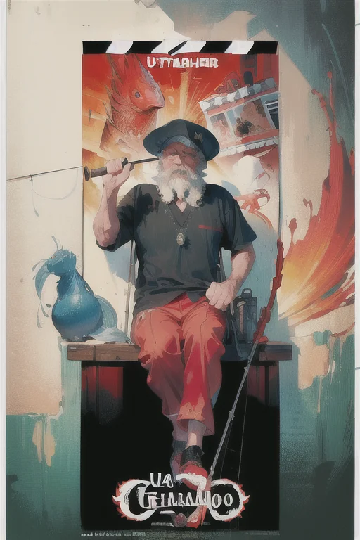 (A film poster:1.44),a old Fisherman fighting with a Red fish,red fish,old man as fisherman,writing on a film poster,fisher man with fishing rod ,,,((((best quality))), (((ultra detailed))), (((masterpiece)))