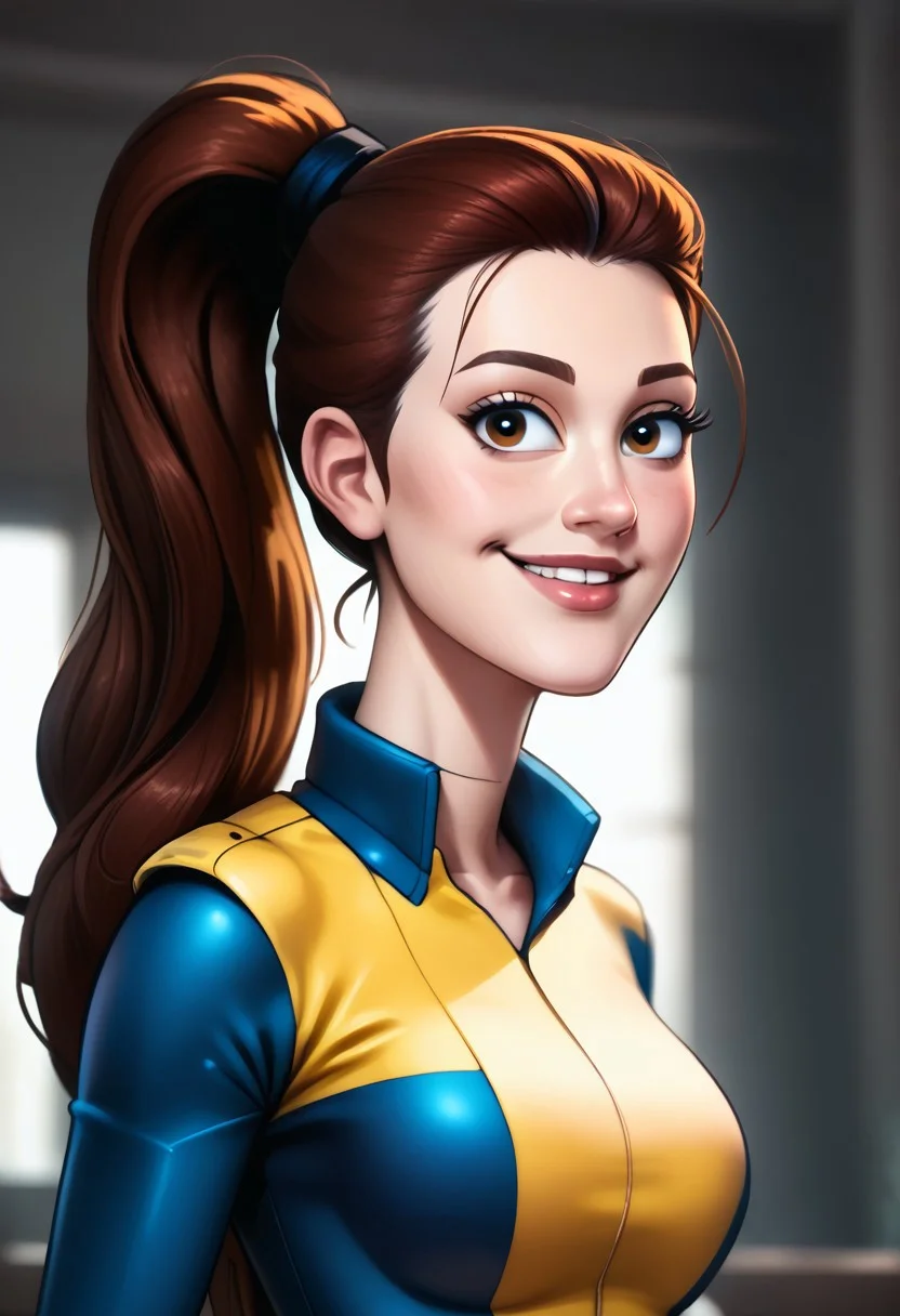 score_9, score_8_up, score_7_up, score_6_up, PRSNL_3_1, uncensored, pupils black dots, realistic,
warm light, upper body,
Kitty_pryde_(marvel)
1girl, solo, brown_hair, smile, long_hair, breasts, brown_eyes, lips, ponytail,
belt, two tone bodysuit, yellow bodysuit, blue bodysuit, xmblzxl, gloves, bodysuit, boots,