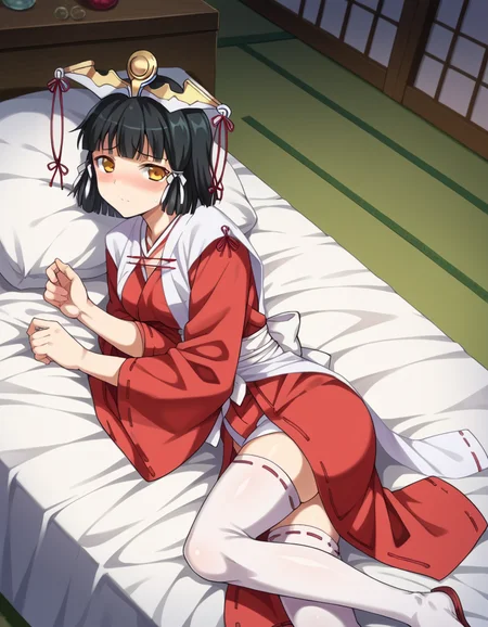 score_9, score_8_up, score_7_up, source_anime,
kuroinukaguya, <lora:kuroinu-kaguya-ova-ponyxl-lora-nochekaiser:1>,
kaguya, black hair, orange eyes, hime cut, short hair,
thighhighs, japanese clothes, miko, headress,
indoors, bed, bed room, on side, blush, drunk,
looking at viewer, cowboy shot, dutch angle, solo,