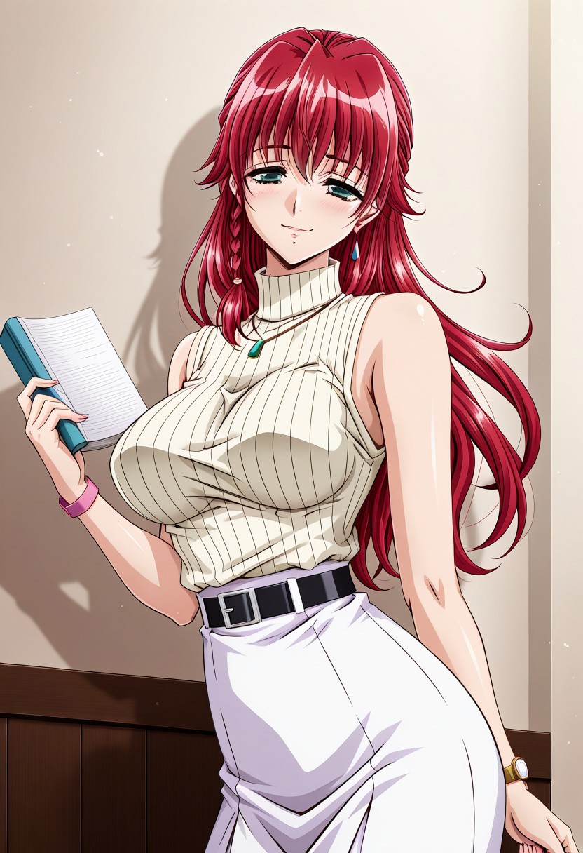masterpiece, best quality, newest, highres, uncensored, 1girl, yokota mamoru style,motion lines,Very straight nose，slim,slender face,perfect nose,torogao,seductive smile
Yamashita Kumi, Braided Hair Loopies, Long Hair, Red Hair, Spiky Bangs,Cyan eyes, Tareme eyes
a beautiful sexy university girl posing at the campus holding a book, 1girl, solo, breasts, beige sleeveless sweater, white skirt, belt, bare shoulder, jewelry, wrist watch on own left wrist, smile,