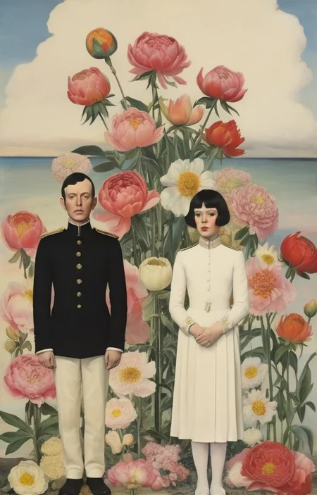 masterpiece,best quality,<lora:tbh284-sdxl:0.9>,illustration,style of Peter Blake decaying peonies