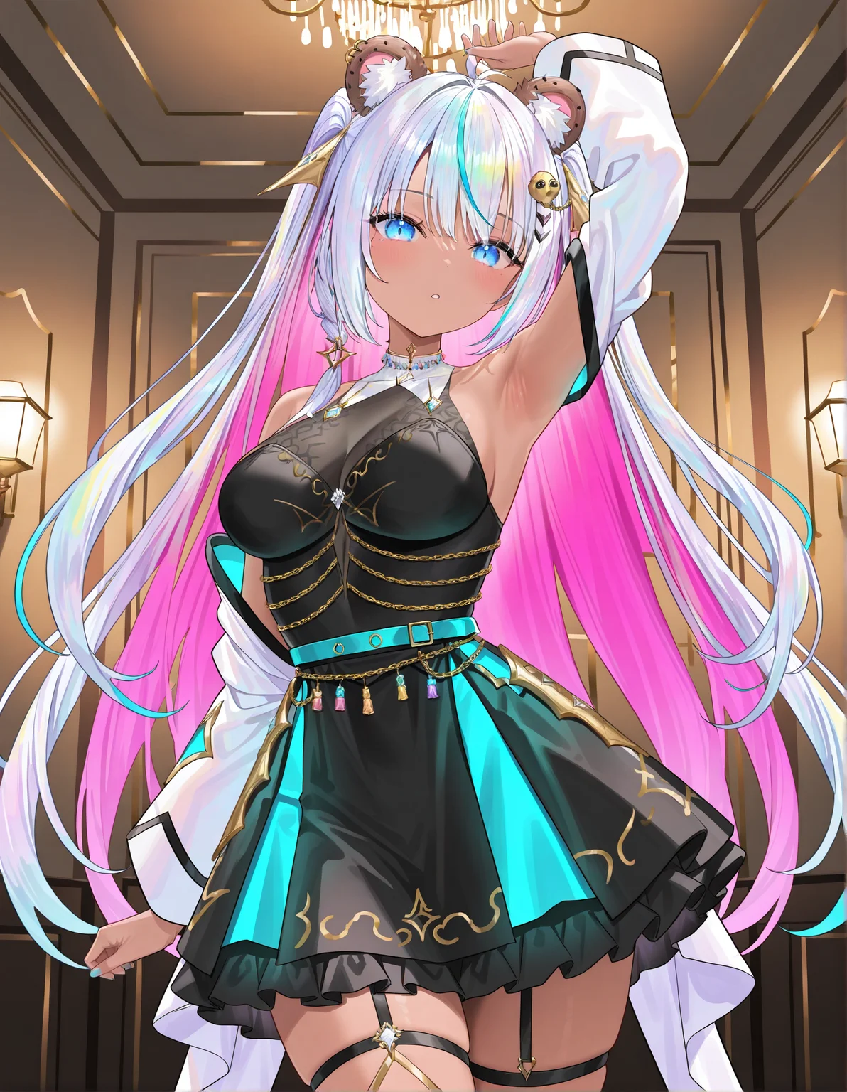 masterpiece, perfect quality, best quality, absolutely eye-catching, absurdres, highres, newest, indoors, <lora:cookieswirlcillustriousXL:1>, 1girl, cookieswirlc, skirt, cowboy shot, dynamic pose,