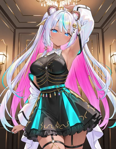 masterpiece, perfect quality, best quality, absolutely eye-catching, absurdres, highres, newest, indoors, <lora:cookieswirlcillustriousXL:1>, 1girl, cookieswirlc, skirt, cowboy shot, dynamic pose,