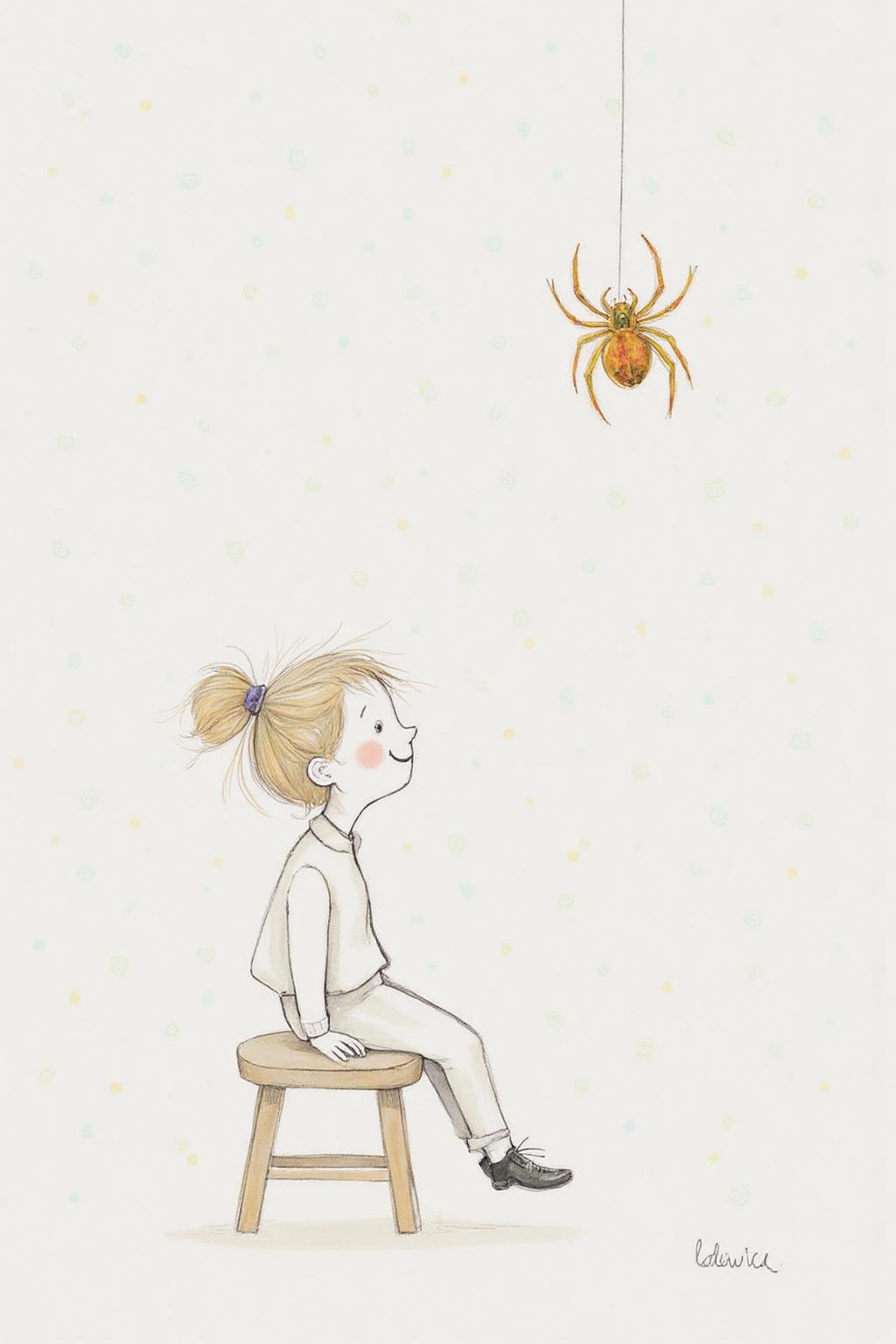 al1ca Illustration. 
gawi1 illustration. A young girl sitting on a stool. She is looking up at a spider. The girl is shown in side profile, facing to the left, with her head tilted upwards and eyes looking towards the spider. She has short ponytail, styled in a messy, slightly unkempt manner, with some strands falling over her face.  <lora:al1ca1_cap_d6a3e11:1.0><lora:828084662913038826:0>