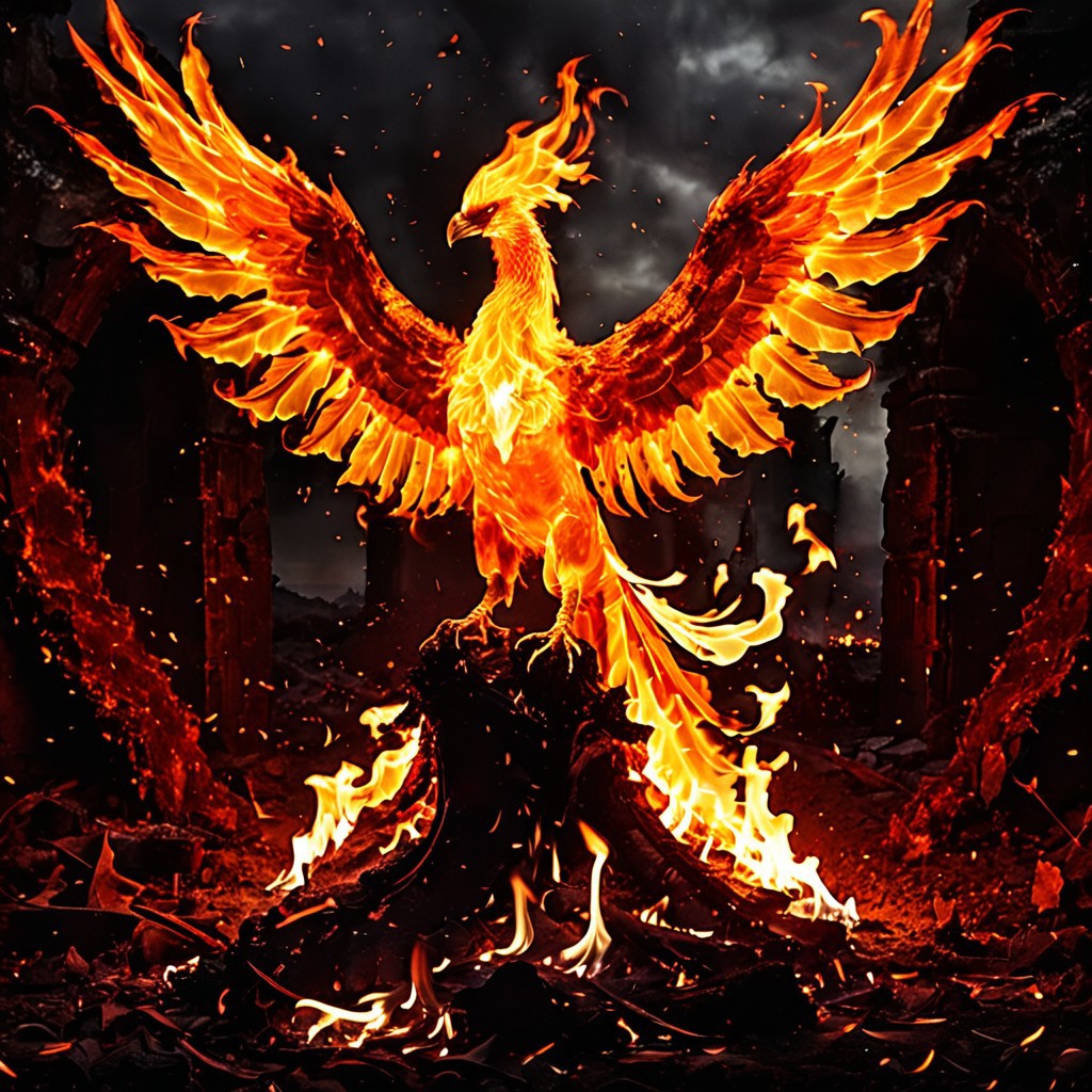 (fire), A majestic phoenix rises from smoldering ashes, wings fully outstretched, ablaze with radiant orange, gold, and crimson flames. Embers swirl around its powerful body as molten feathers shimmer against a darkened sky. In the background, blackened ruins give way to glowing lava cracks and blooming fire lilies. The creature's eyes burn with ancient wisdom and rebirth. (mythical realism, dynamic lighting, cinematic glow, fiery energy, high-detail feathers and flame textures, epic fantasy mood)