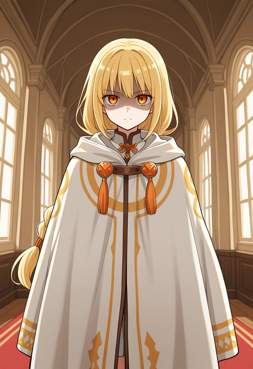1girl, solo, saruvatorenoren, blonde hair, low-tied long hair, single braid, orange eyes, white cloak, print cloak, indoors, mansion, cowboy shot, shaded face, serious, straight on, looking at viewer,