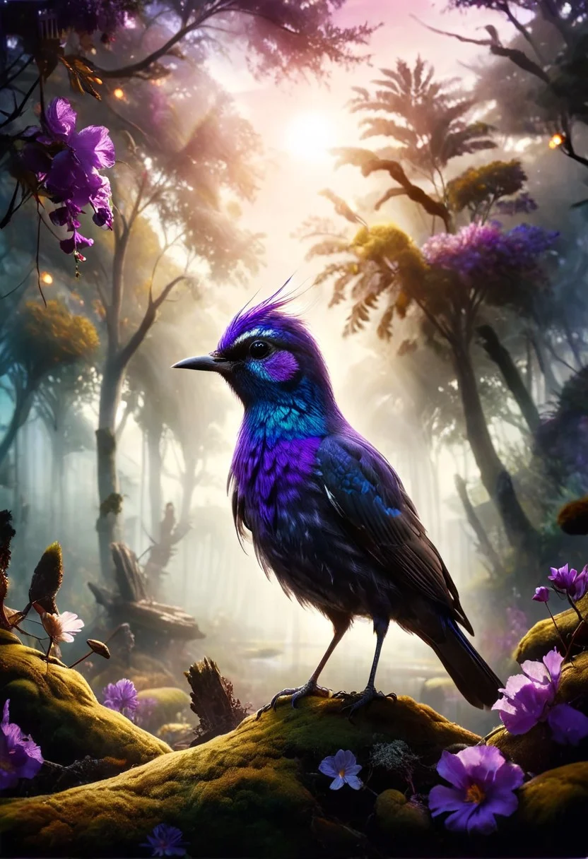 ral-apoctvisn, dark, chiaroscuro, low-key, breathtaking masterpiece showcasing a gorgeous little bird, Violet-crowned nymph, bathed in soft, golden morning light, surrounded by vibrant bokeh balls that frame its delicate form. The image will be rendered in sharp detail, capturing every feather and intricate feature of the bird with stunning clarity. The soft, diffused lighting will enhance the warmth and radiance of its plumage, while high-quality bokeh adds a magical touch to the scene. Multiple image exposures will be expertly combined to emphasize the bird's vibrant colors and captivating gaze, resulting in a lifelike portrayal of tranquil beauty.
The artwork will feature shimmering digital colors in a mixed media style on textured paper, creating an overlapping, asymmetrical, abstract composition bursting with vibrant hues. Every inch of the image will be filled with intricate details, from the feathers of the nymph to the surrounding environment, all depicted in extreme detail. The wide range of colors will add depth and richness to the scene, with soft shadows and low saturation tones creating a serene yet evocative atmosphere.
With insane quality, resolution, and details, the final image will be a true masterpiece of nature photography, showcasing dramatic, dynamic, and cinematic elements. The sharp details will bring the scene to life, immersing viewers in the beauty and wonder of the Violet-crowned nymph in a way that is both breathtaking and captivating.
