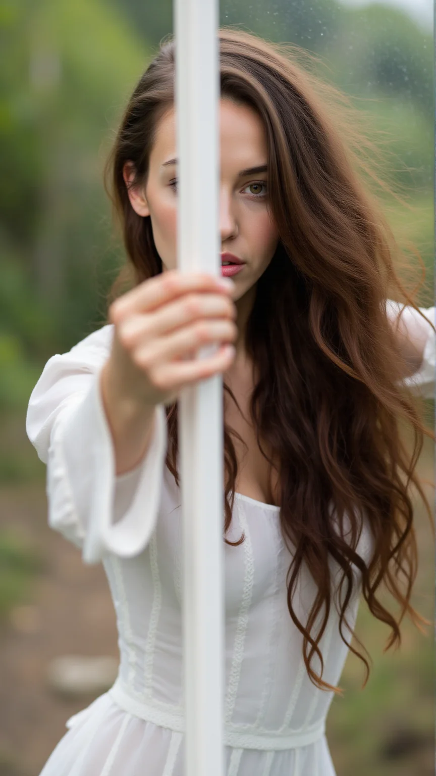 photograph, A woman with long, curly brown hair and piercing green eyes gazes out from behind the canvas of her portrait. She wears a flowing white dress that billows in the gentle breeze, Raining, soft focus, imaginative illustrations, sparkling, innocence, aidmaRealisticPeoplePhotograph