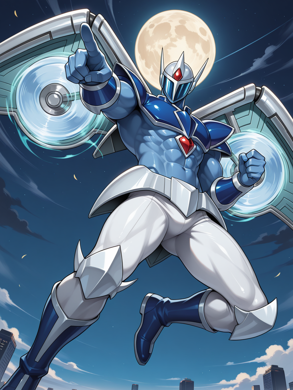 1boy,elemental hero stratos,solo,male focus,clenched hands,abs,tokusatsu,no humans,muscular male,covered face,white helmet,blue full bodysuit,blue shoulder armor,white mechanical wings,blue vambraces,white pants,blue boots,white armored skirt,wind,flying,looking at viewer,from below,pointing at viewer,night sky,full moon,
masterpiece,best quality,amazing quality,very aesthetic,absurdres,newest,<lora:Elemental HERO Stratos illuXL v1:0.73>,