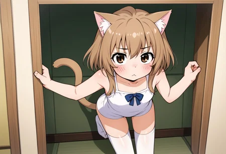 Aisaka_Taiga, 1girl, solo, flat chest, brown_eyes, blush, bow, catgirl, cat ears, cute, peeking, white legwear, playful, cat tail