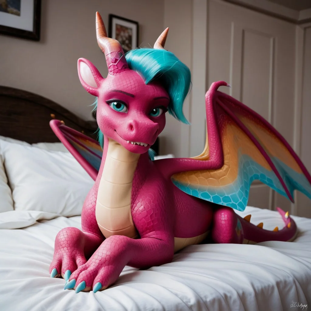 score_9, score_8_up, score_7_up, score_6_up, score_5_up, score_4_up, masterpiece, high quality, realistic, detailed, best quality, white bed, solo, rating_safe, source_furry, bedroom, smiling, seductive, looking at viewer, on bed, lying on belly, blaize_skysong, dragon, pink scales, wings, horns, green hair, tail, female, 1girl, green eyes, feral