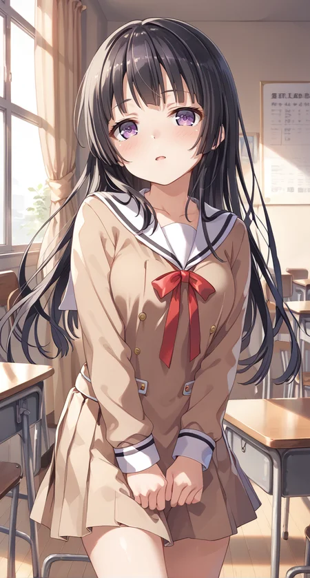 score_9,score_8_up,score_7_up,
official art,official style,game cg,megami magazine,
uncensored,
1girl,
bang dream!,
shirokane rinko,
srknrnkschool,black hair,very long hair,
long sleeves,neck ribbon,outstretched arm,parted lips,pleated dress,
purple eyes, red ribbon, ribbon, sailor collar, sailor dress, school uniform, serafuku, short dress, sidelocks,
<lora:band_dream_shirokane_rinko_pony:1>,