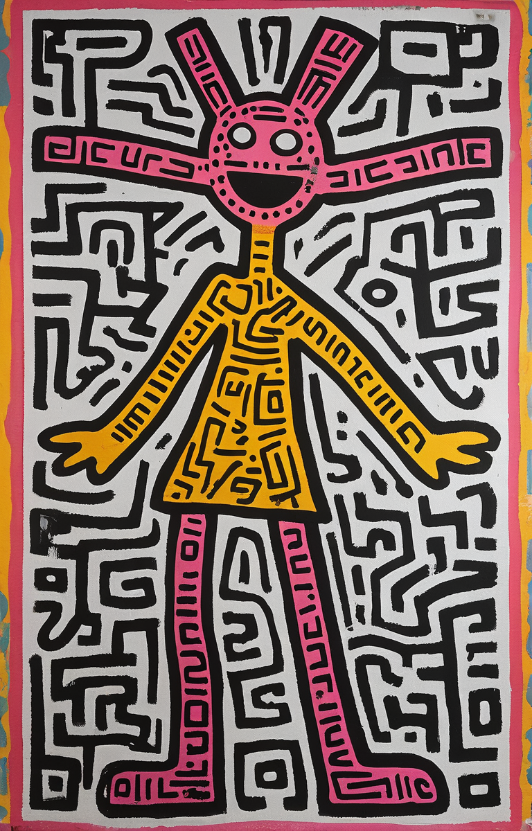 masterpiece,best quality,<lora:tbh164-sdxl:0.9>,illustration,style of Keith Haring, tech genius teenage girl