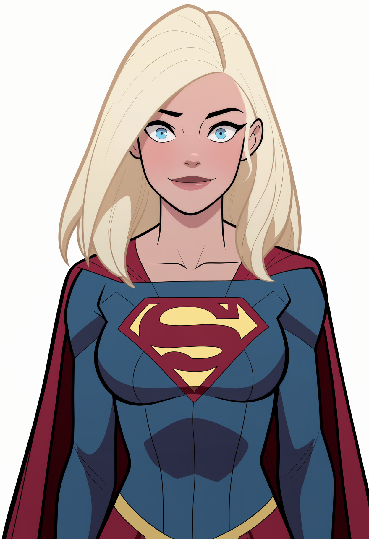 best quality, amazing quality, very aesthetic, absurdres,
1girl, supergirl, blonde hair, long hair, blue eyes,
bodysuit, long sleeves, red cape, red skirt,
smile, upper body, looking at viewer, solo, simple background, white background,  <lora:SupergirlLoSHNoobXL_byKonan:1>
