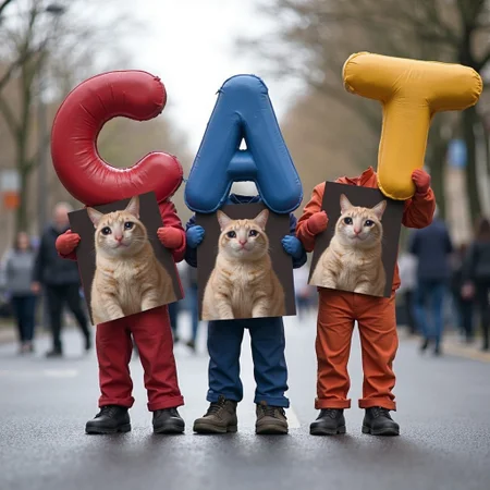 This realistic image features 3 letters C A and T standing side by side and holding posters of crying cat. Letters are standing side by side. They are on a street walking.