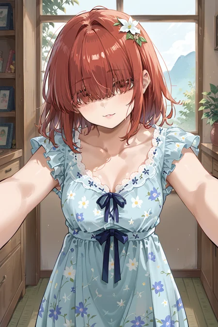 score_9, score_8_up, score_7_up, source_anime, BREAK, blush, red hair, hair over eyes, head tilt, indoors, floral nightgown, looking at viewer, <lora:Kabedon On Viewer V3 Pony:0.8>, (kabedon on viewer), <lora:Floral Nightgown Pony:0.6>