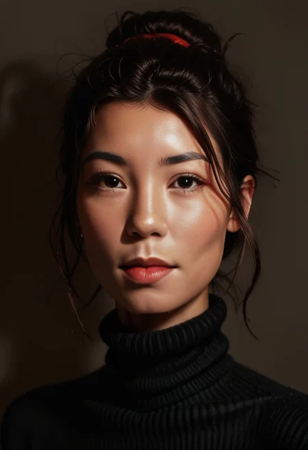 score_9, score_8_up, score_7_up, score_6_up, photorealistic, DRKDL, dramatic lighting, low key,  dark theme, spot color, shadows,
BREAK 
<('karen': ('Pretty Face'+'Manic Pixie'+'asian features'+'red lips',
'looking at viewer'+'black turtleneck'))>,