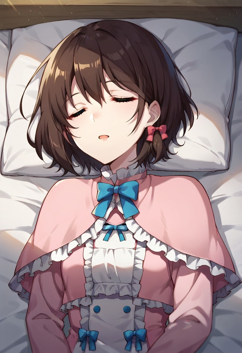 score_9, score_8_up, score_7_up, source_anime, fujiokamisaki, pillow, sleeping, open mouth, capelet, frilled dress, hair bow, shirt, long sleeves, hair ornament