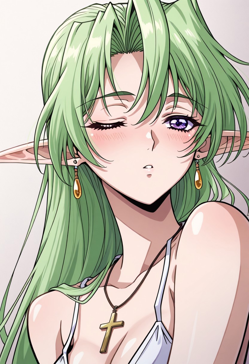 masterpiece, best quality, newest, highres, uncensored, 1girl, yokota mamoru style,1girl,Kamyu,Green hair, Waist Length hair,long hair,Violet Eyes,Pointed Ears,elf,solo, open eyes,Cross Necklace,Guimpe,one eye closed, earrings, jewelry, long hair, blush, close-up,, dutch angle, portrait,full dressed