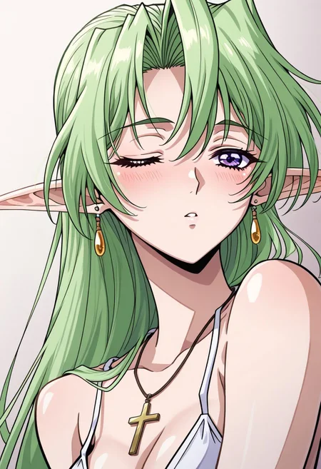 masterpiece, best quality, newest, highres, uncensored, 1girl, yokota mamoru style,1girl,Kamyu,Green hair, Waist Length hair,long hair,Violet Eyes,Pointed Ears,elf,solo, open eyes,Cross Necklace,Guimpe,one eye closed, earrings, jewelry, long hair, blush, close-up,, dutch angle, portrait,full dressed