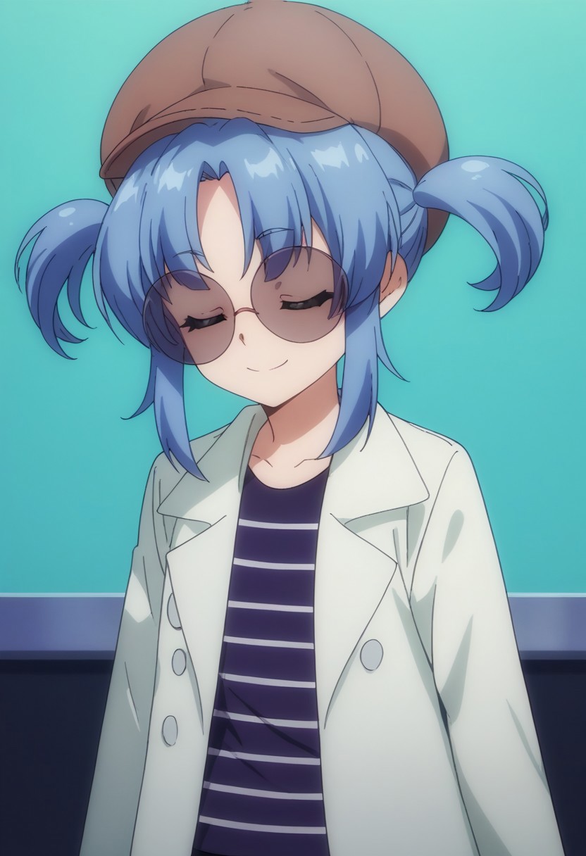 score_9, score_8_up, score_7_up, source_anime, highly detailed, 
1girl, solo, pantyhose, blue hair, hat, brown headwear, smile, shorts, labcoat, twintails, sunglasses, black pantyhose, striped, short hair, closed eyes, glasses, short twintails, round eyewear, tinted eyewear, upper body,
indoor,